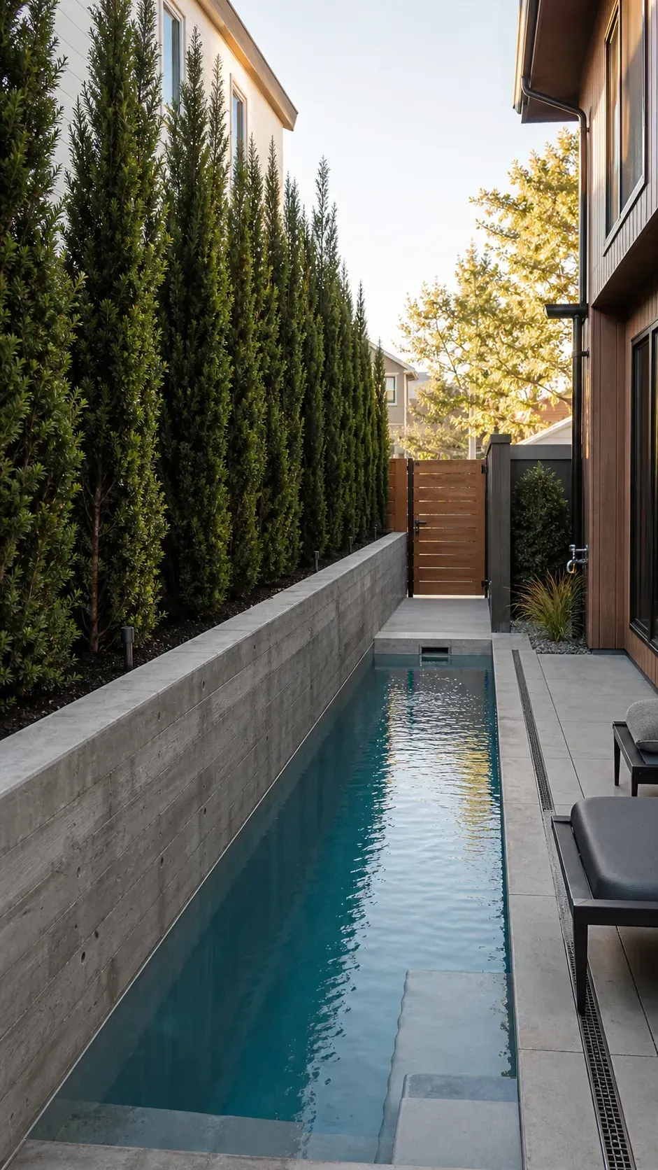 build a raised planter as a privacy wall in a long and narrow backyard pool layout