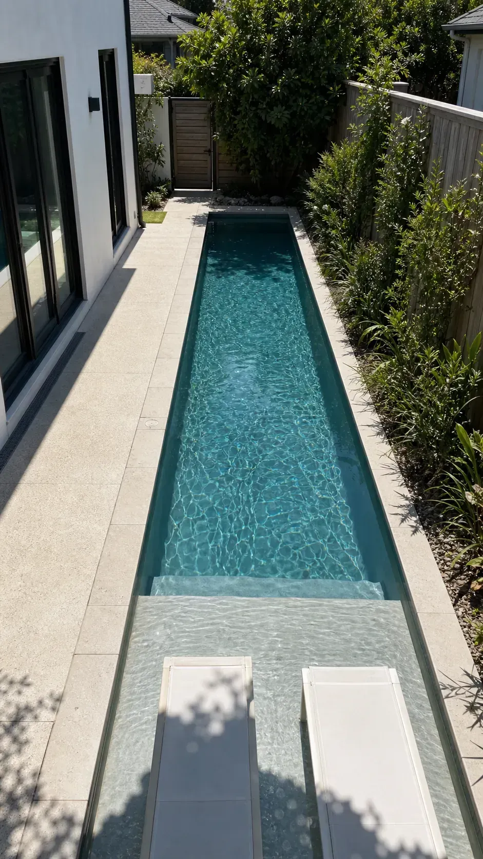 add a narrow tanning ledge across one end in a long and narrow backyard pool layout