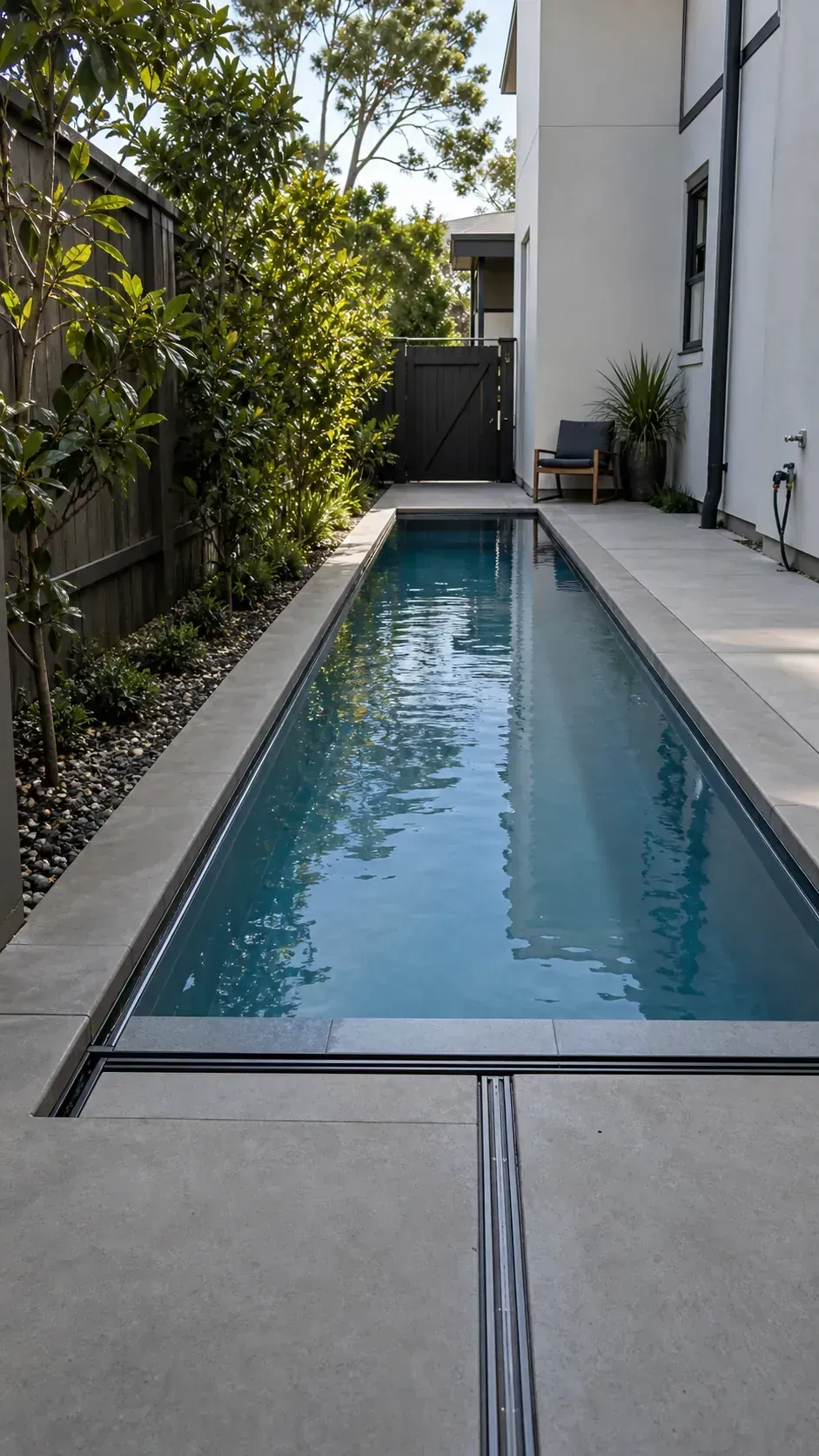 use a flush cover to keep lines clean in a long and narrow backyard pool layout