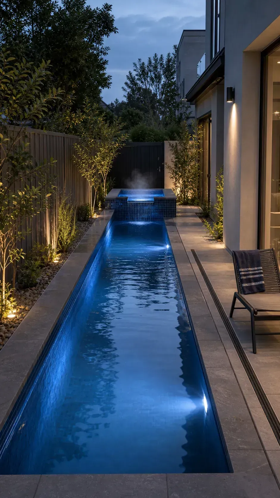 place the spa at the far end in a long and narrow backyard pool layout