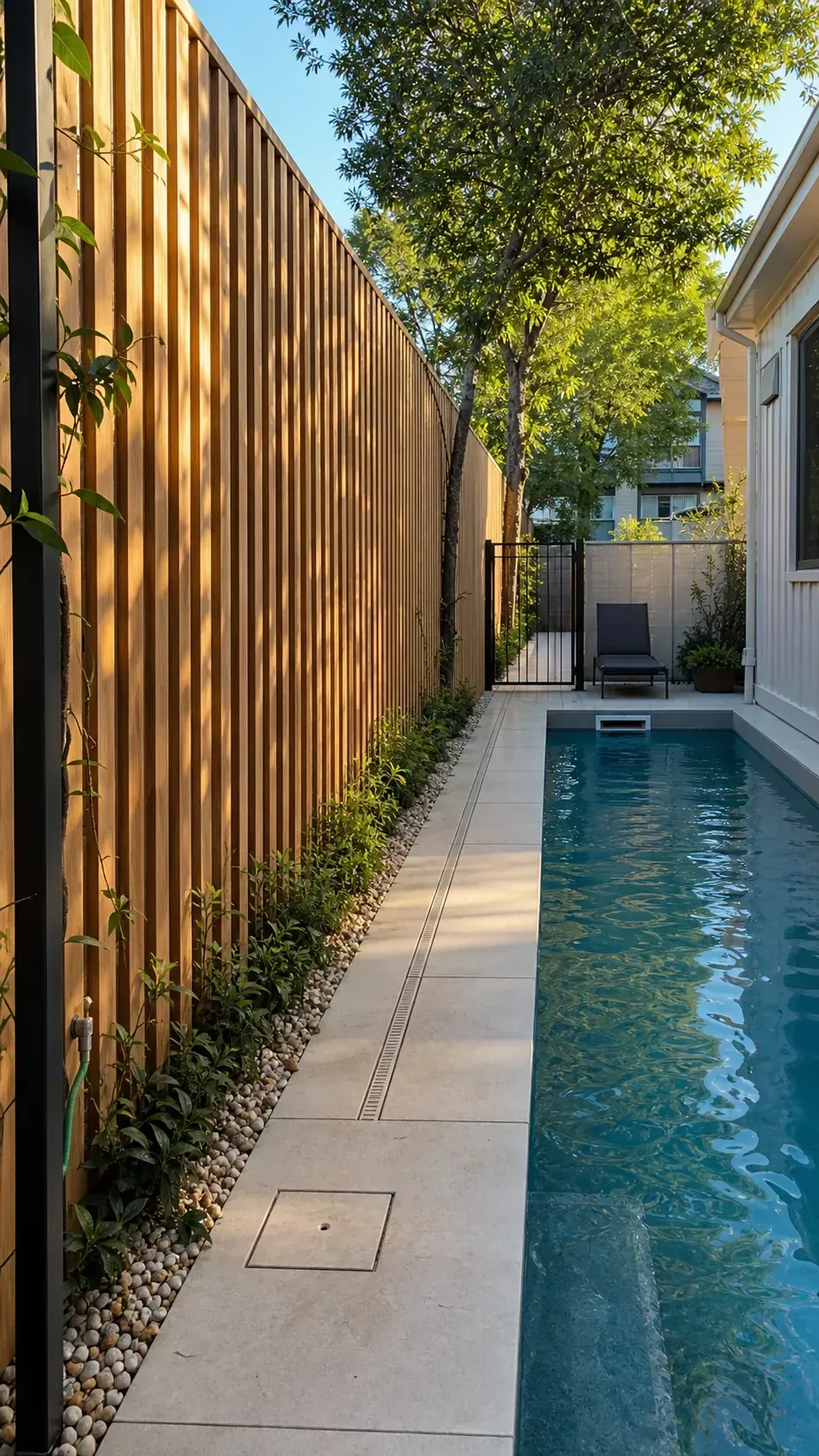 use vertical slats for airy screening in a long and narrow backyard pool layout