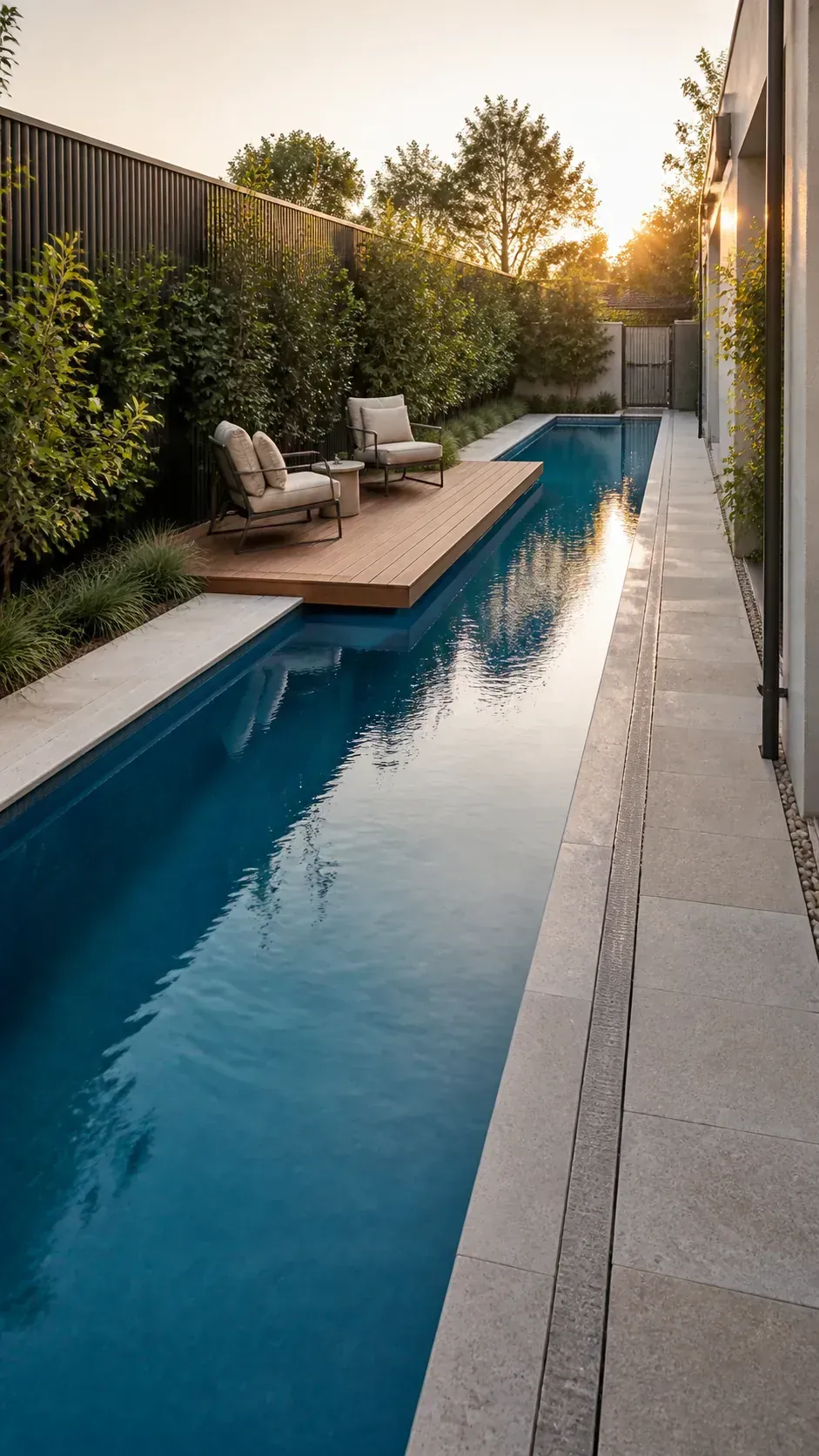 break up the corridor with a midpoint lounge in a long and narrow backyard pool layout