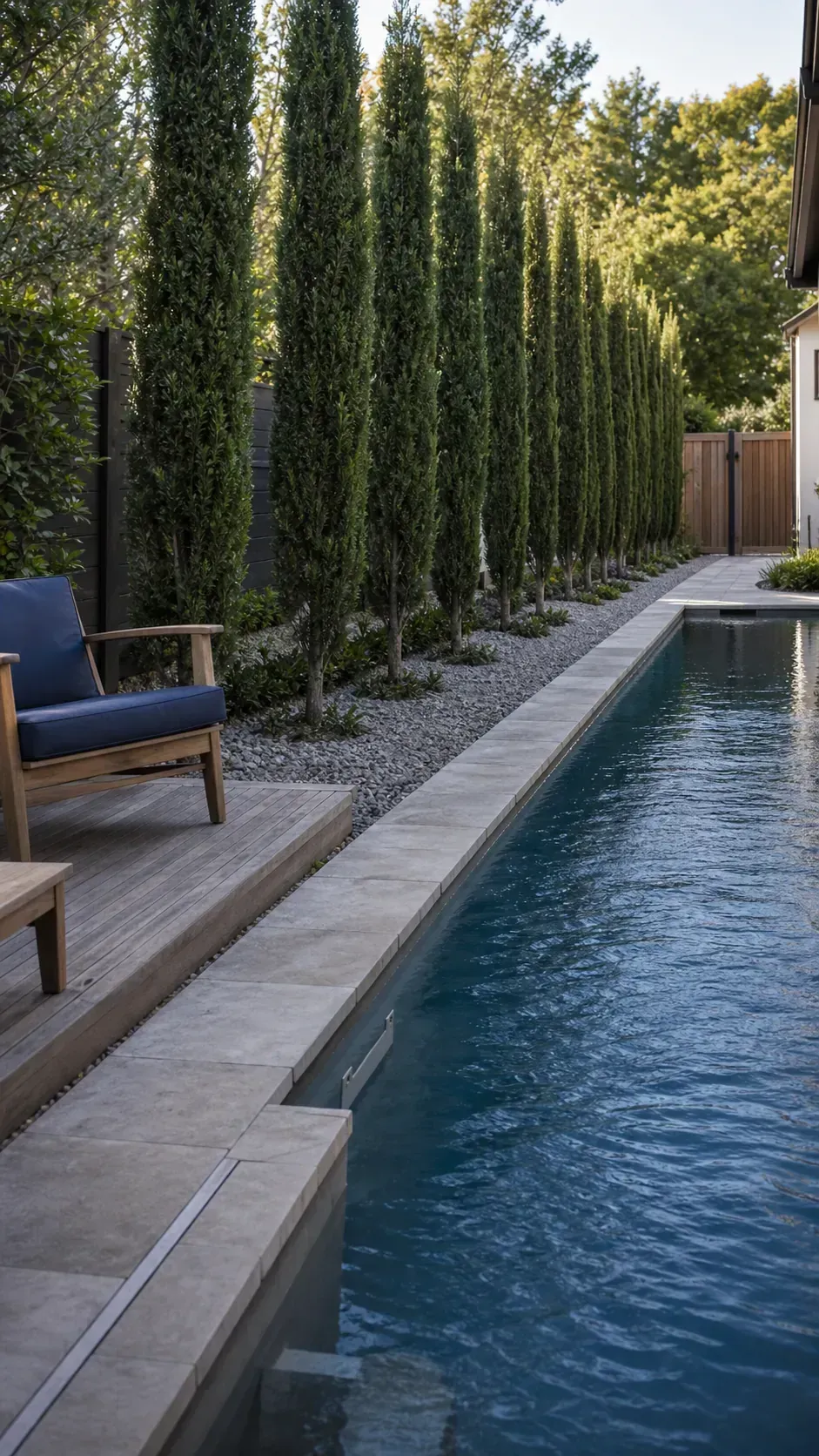 plant columnar trees beyond the deck in a long and narrow backyard pool layout