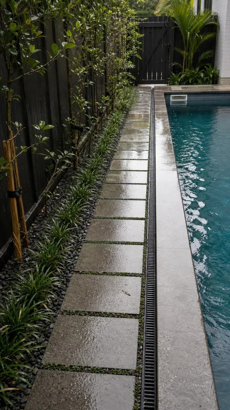 use permeable paving on the dry side in a long and narrow backyard pool layout