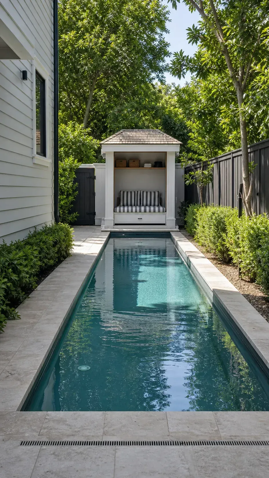 create a destination cabana in a long and narrow backyard pool layout