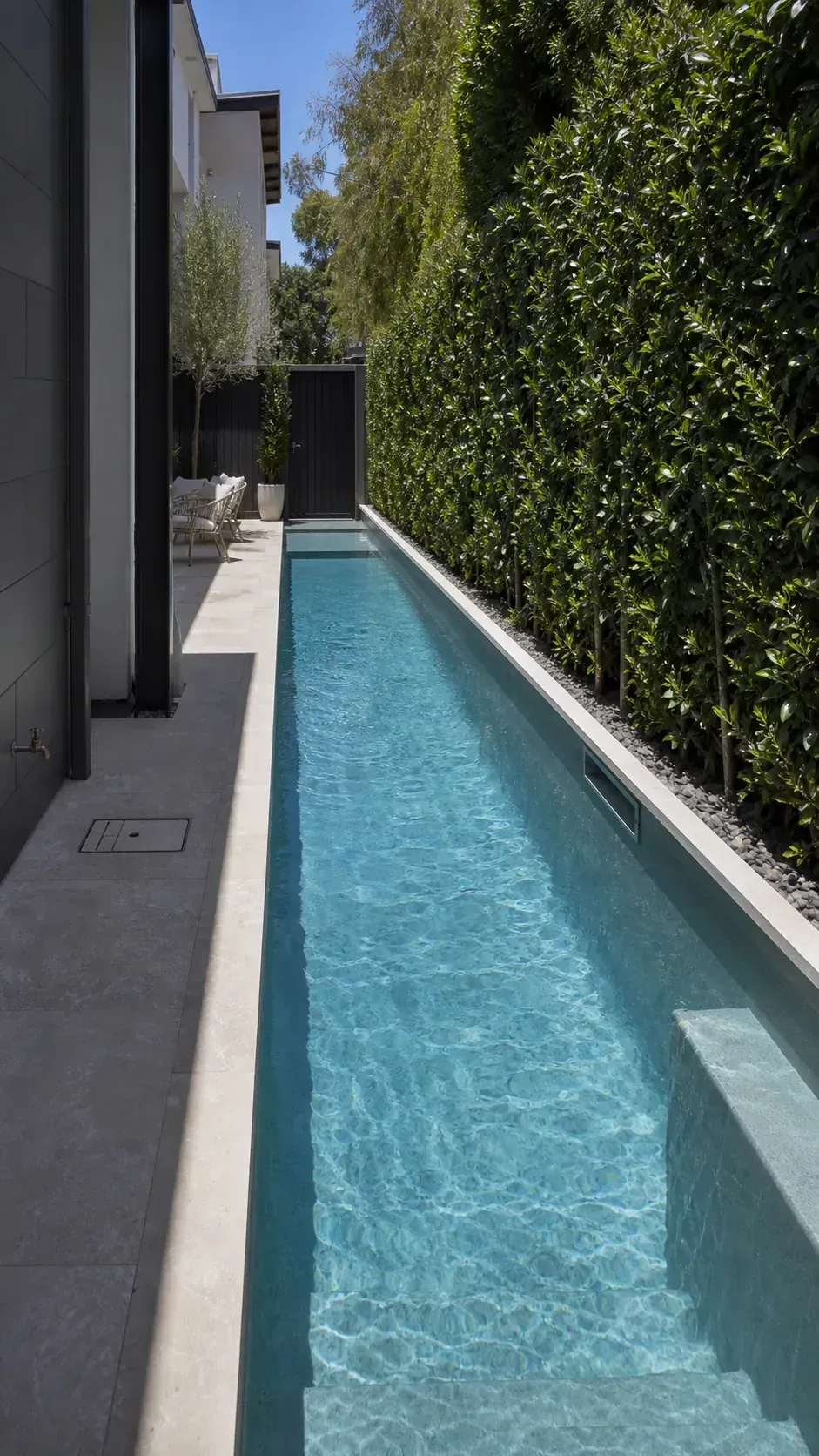 keep the pool a consistent depth in a long and narrow backyard pool layout