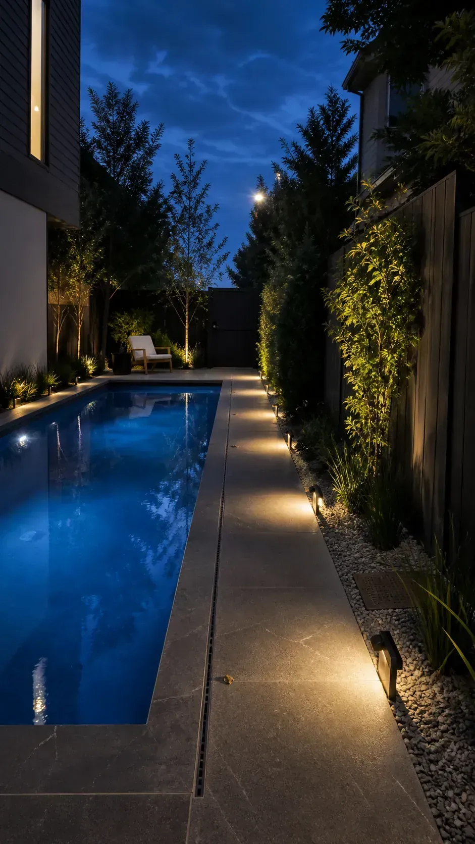 light one edge, not every surface in a long and narrow backyard pool layout