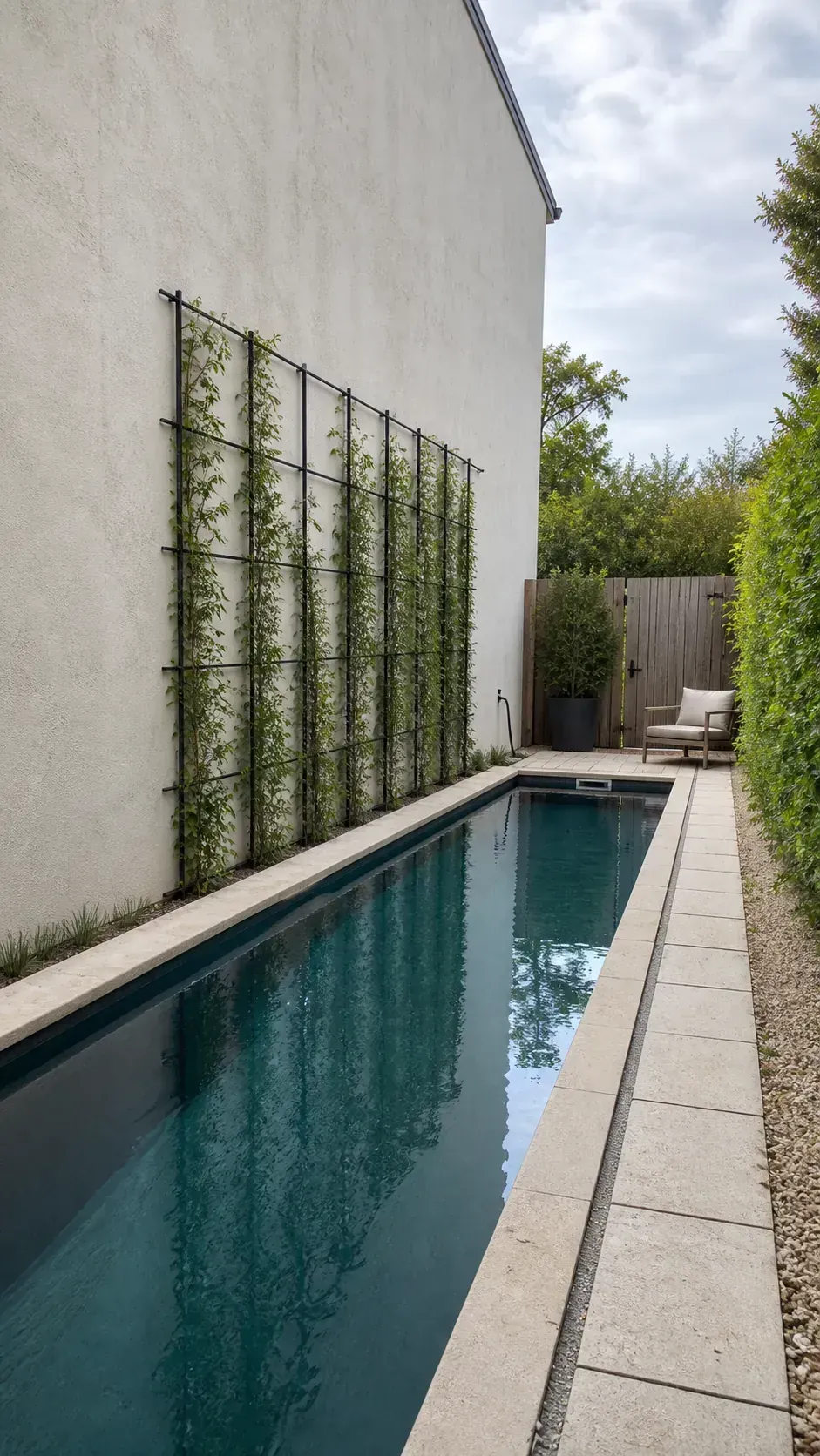 turn the house wall into a calm backdrop in a long and narrow backyard pool layout