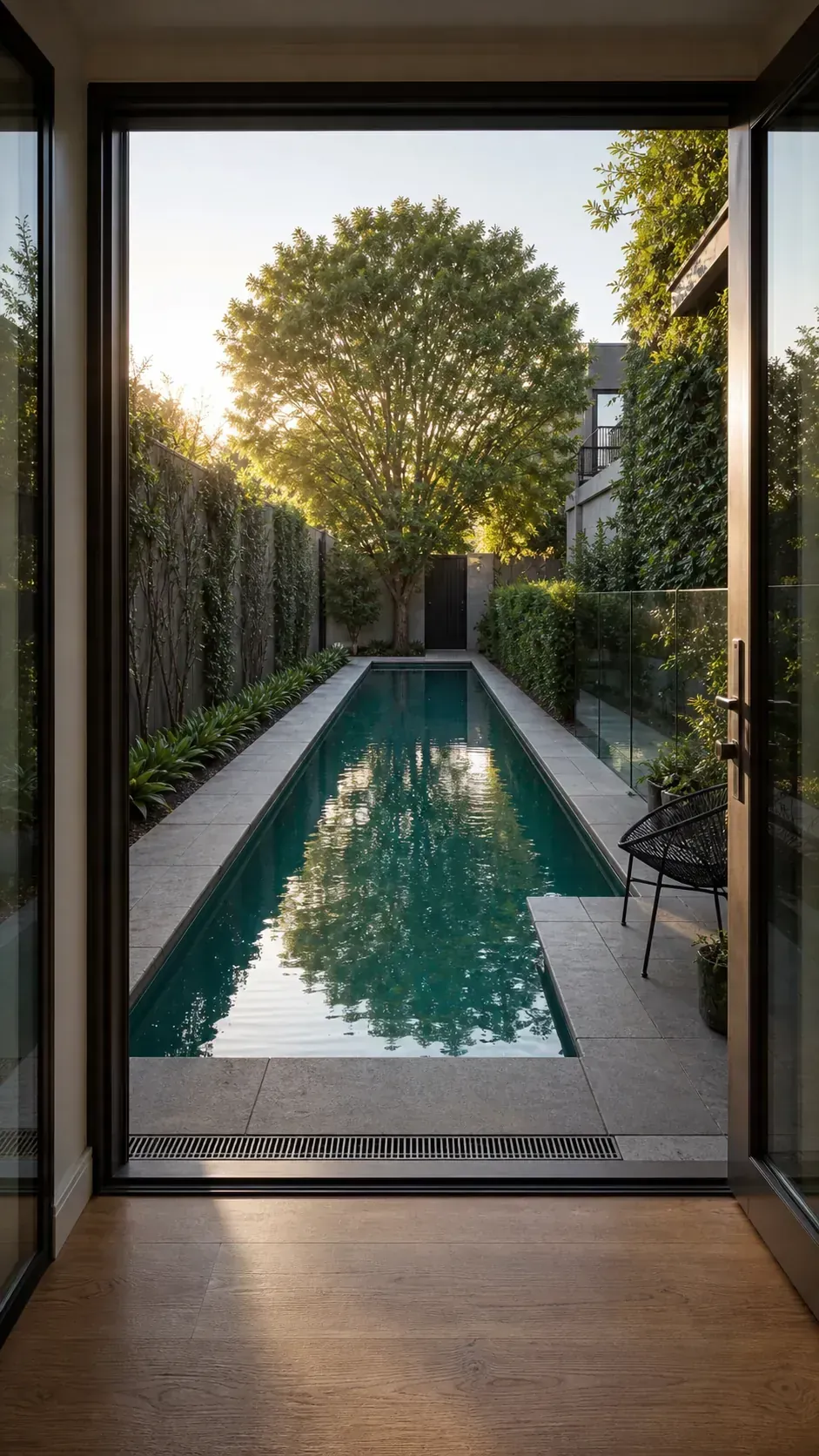 frame the view from inside in a long and narrow backyard pool layout