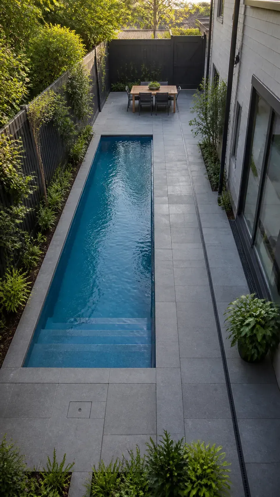 leave the end open for flexible use in a long and narrow backyard pool layout