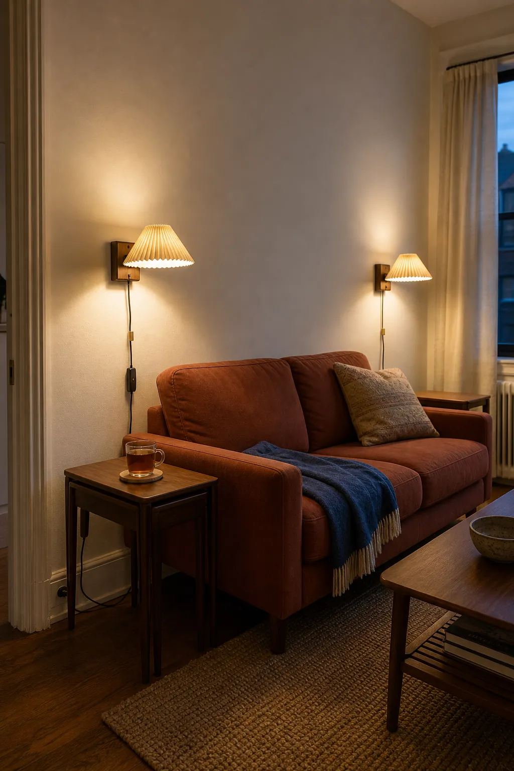 Plug-in sconces above tiny side tables in a small living room
