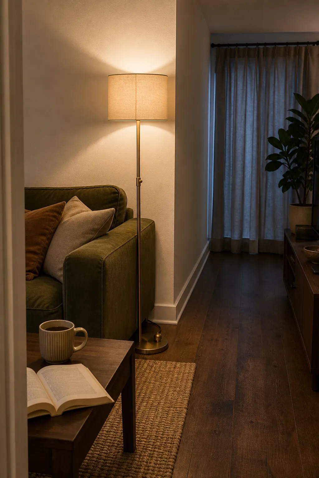 Slim floor lamp tucked behind a sofa in a small living room