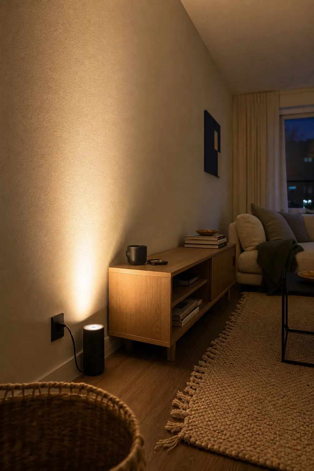 Indirect light washing the longest wall of a compact living room