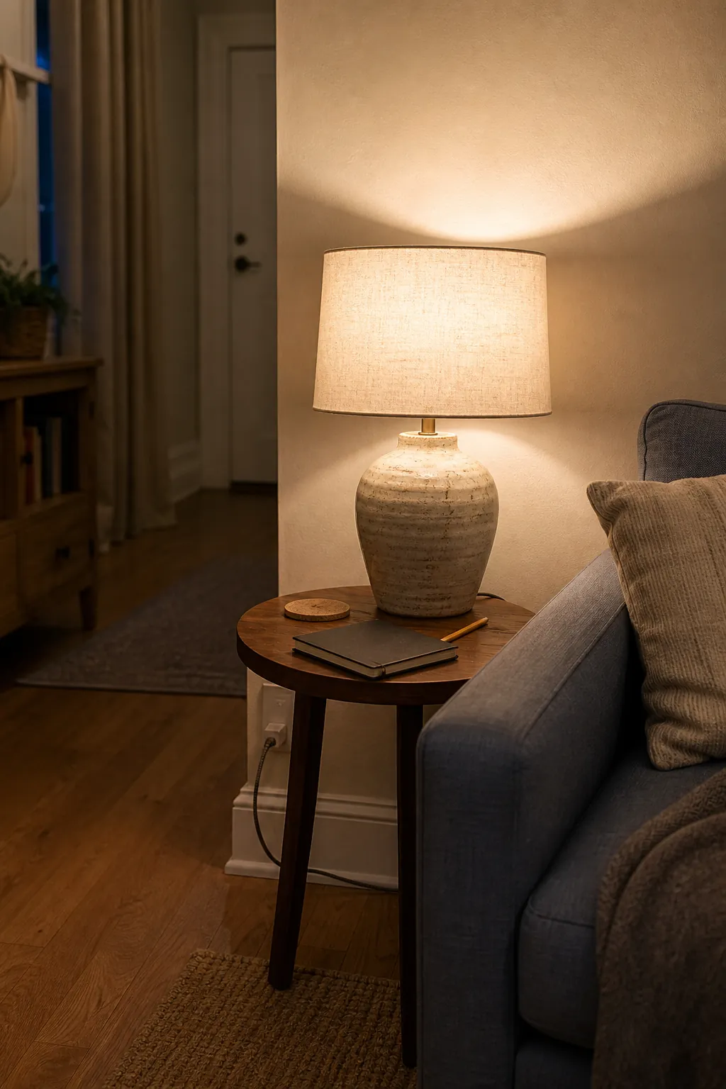 Diffusing table lamp casting soft light across a compact lounge