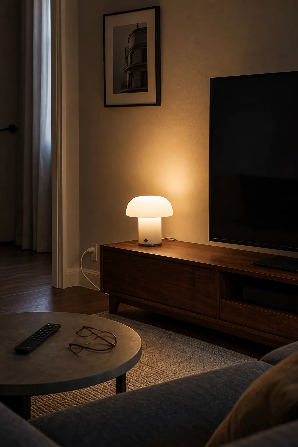 Low media console lamp reducing television contrast