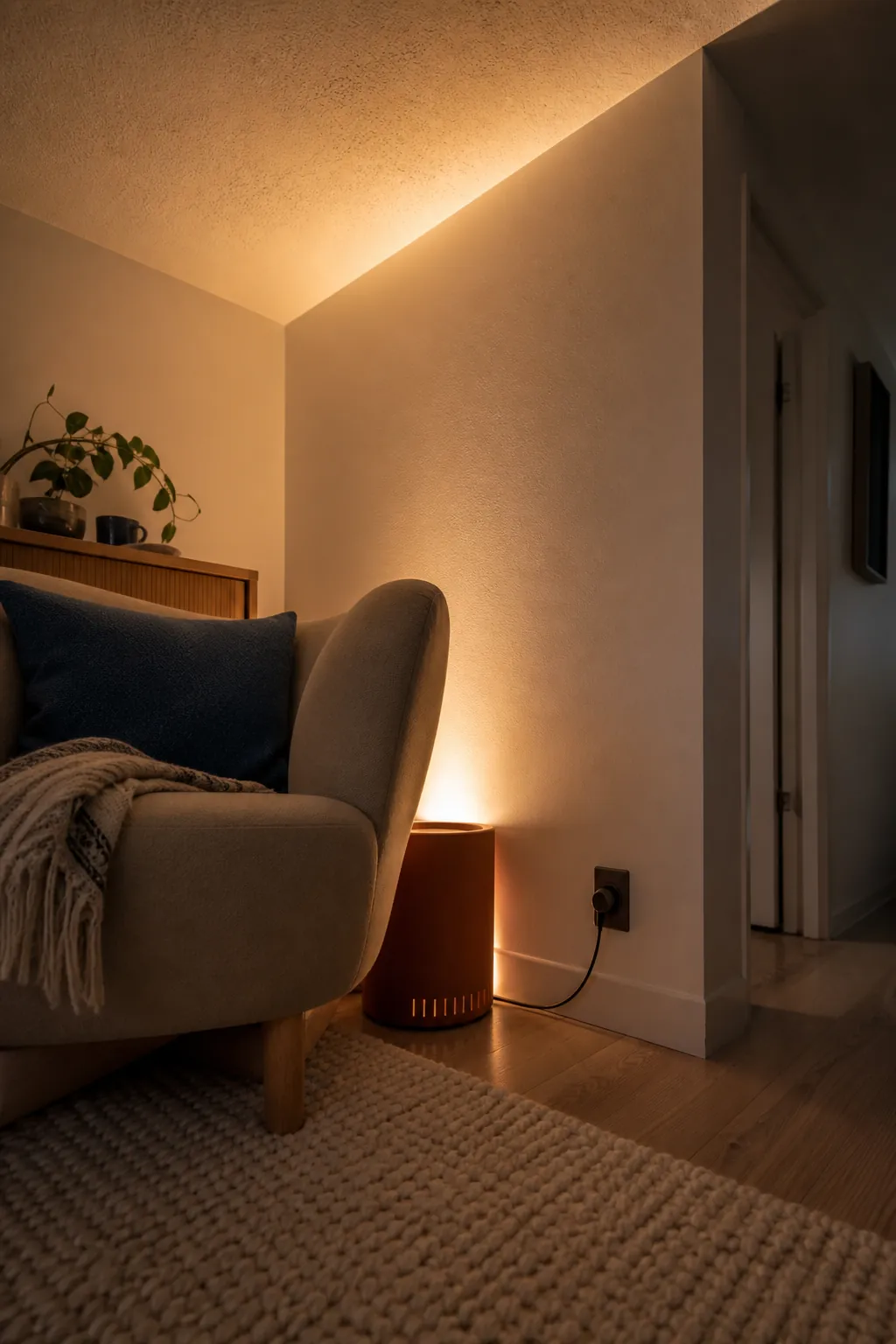 Corner uplight bouncing warm light off a pale ceiling