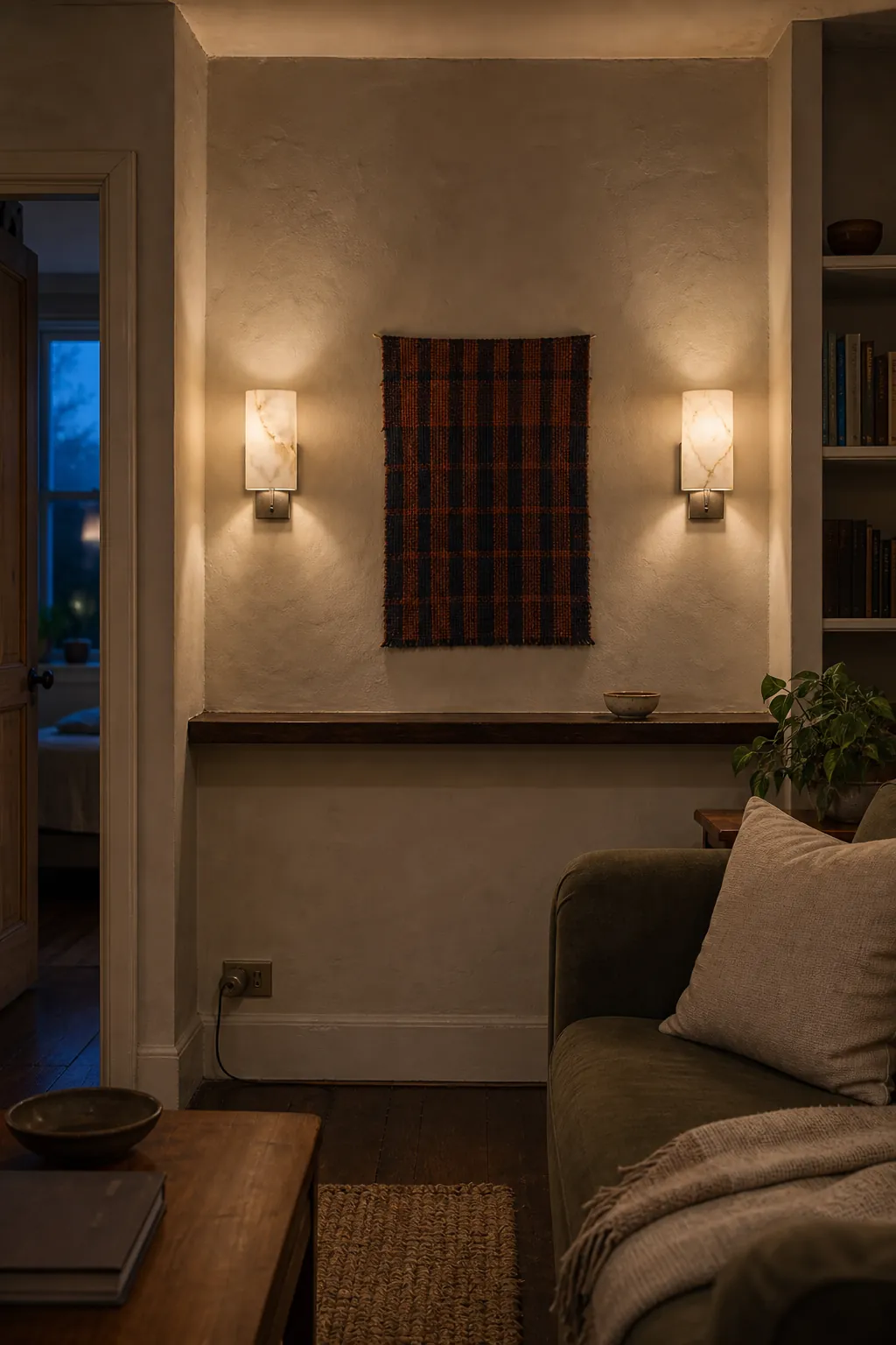 Two gentle sconces framing a compact living room alcove