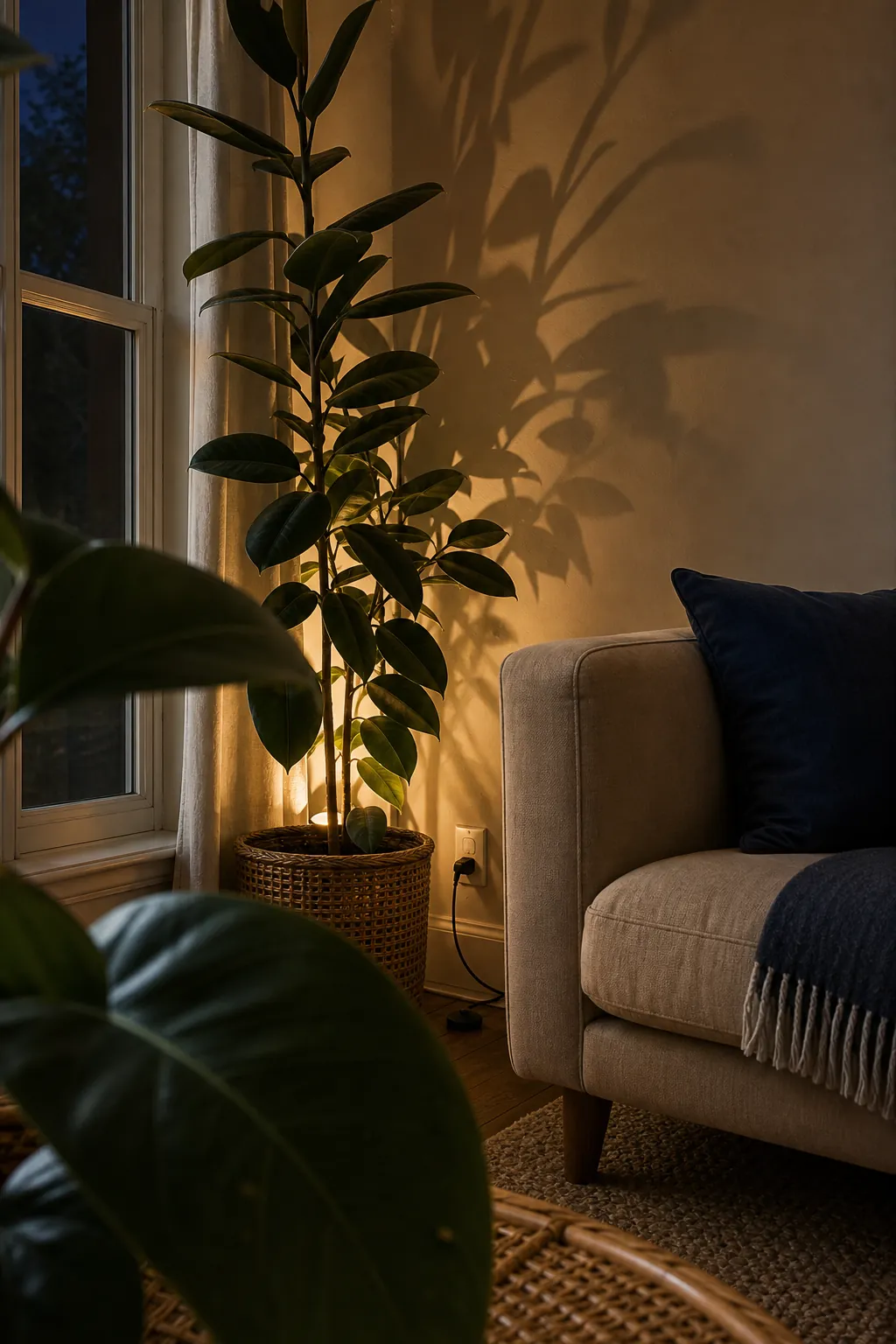 Warm uplight hidden behind a tall living room plant