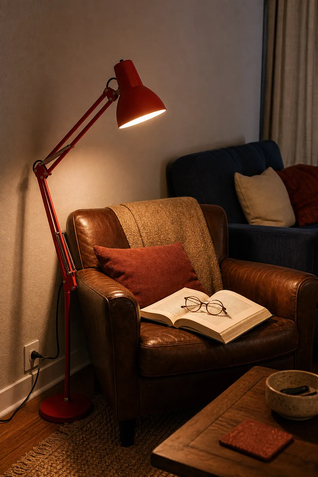 Directional reading lamp aimed across an armchair shoulder