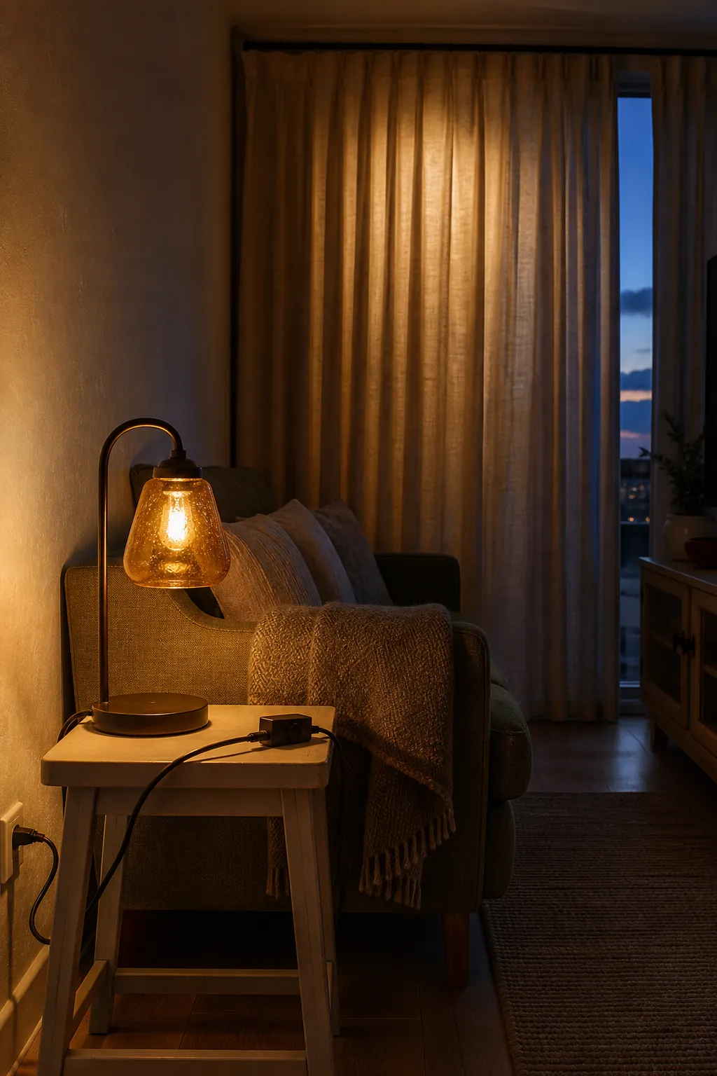 Side lamp softly illuminating living room curtain folds