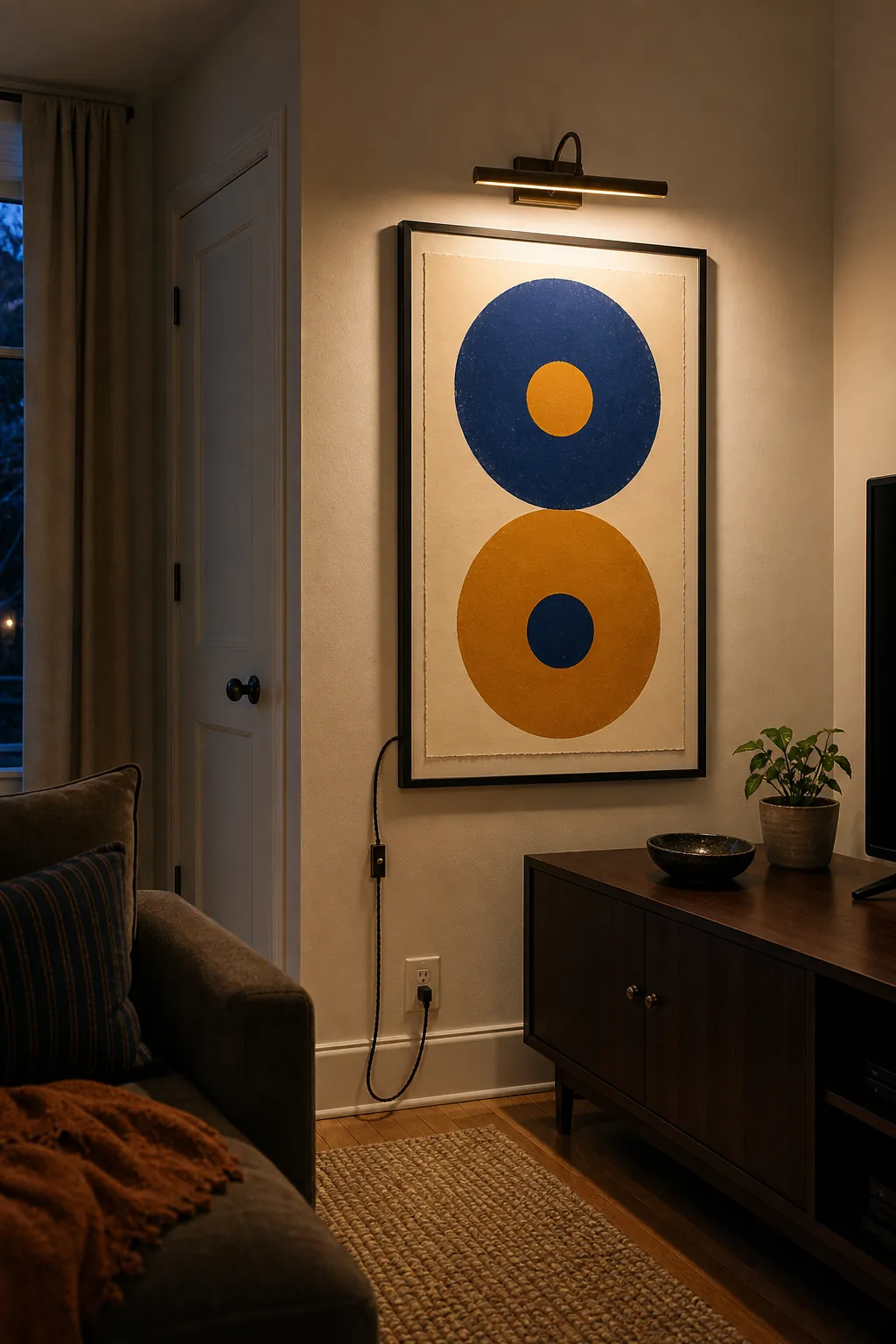 Focused picture light above a graphic print in a small lounge