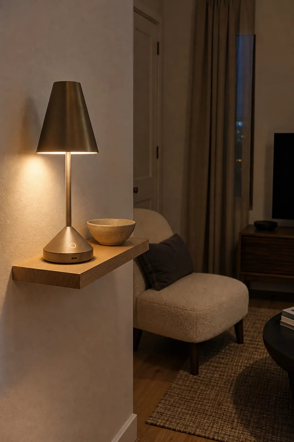 Rechargeable lamp glowing on a small floating shelf
