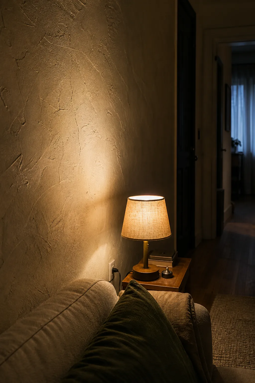Side light grazing textured plaster in a compact living room