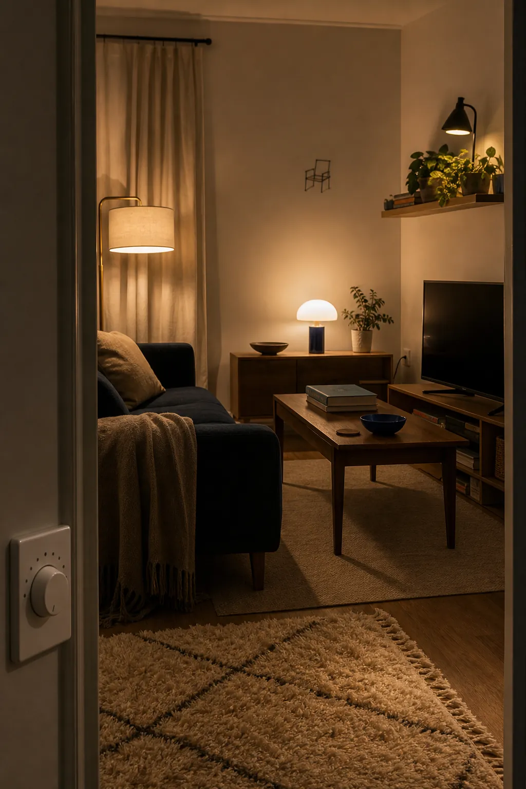 Layered living room lamps adjusted to a low evening level