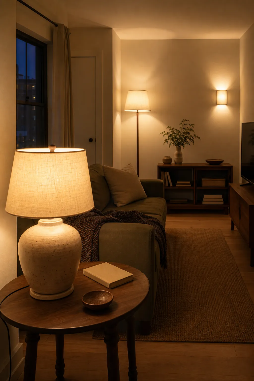 Consistent warm bulb color across several compact-room lamps