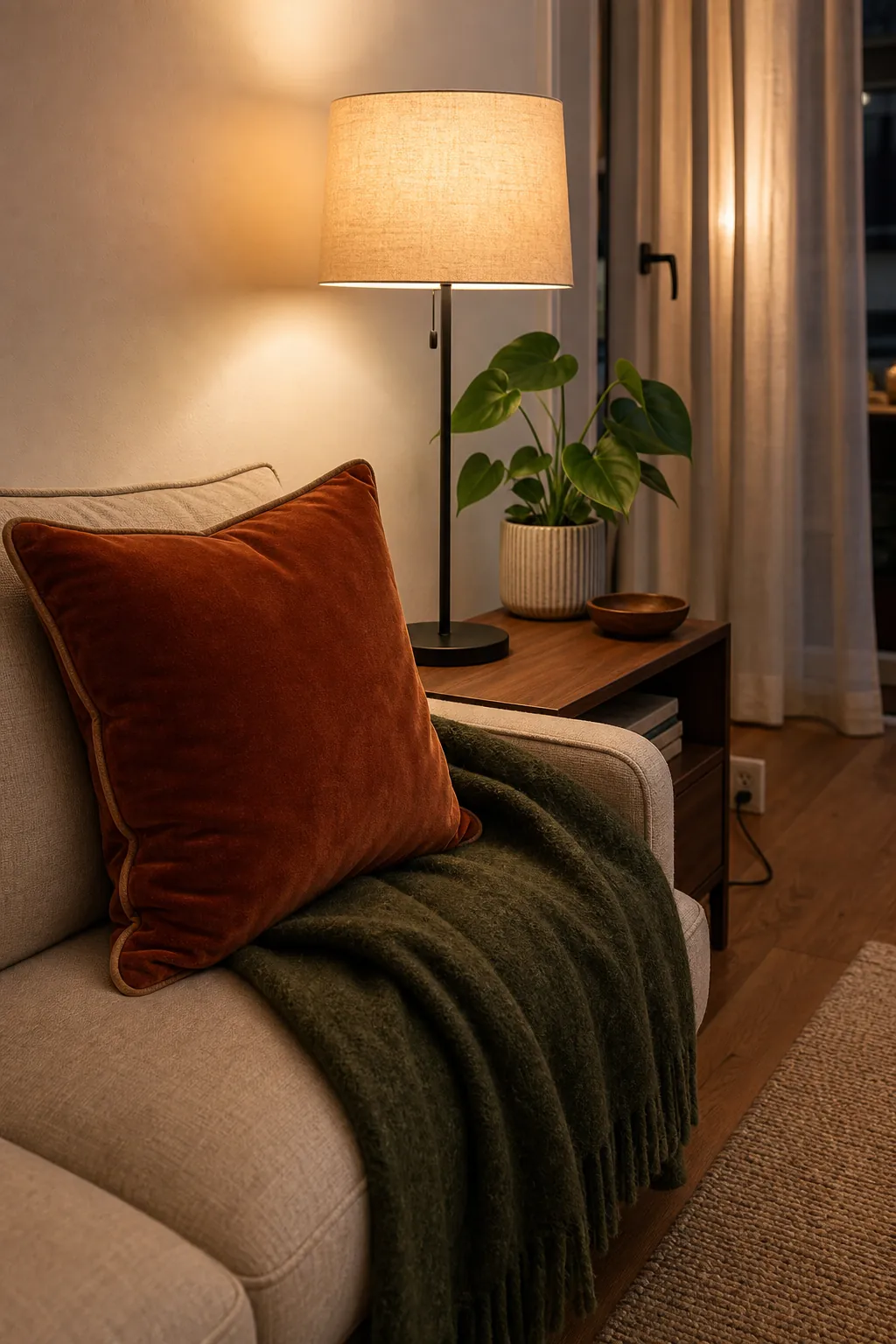 Warm lamp revealing natural fabric and wood colors