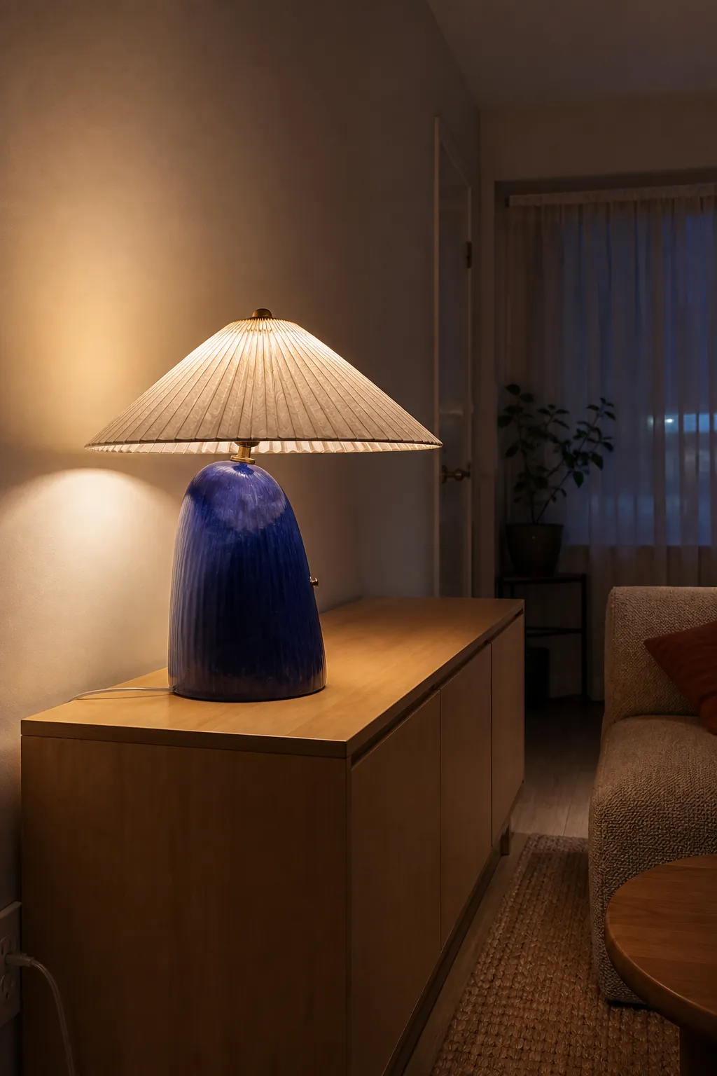 Single sculptural ceramic lamp replacing tabletop clutter