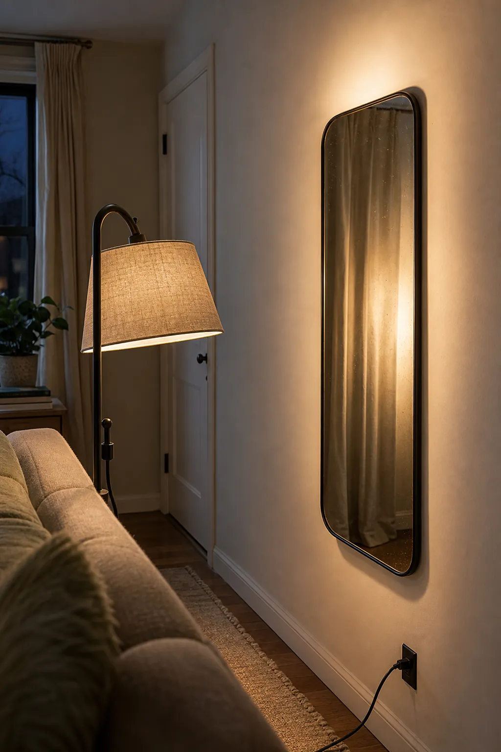 Mirror reflecting a soft side-lit wall without bulb glare