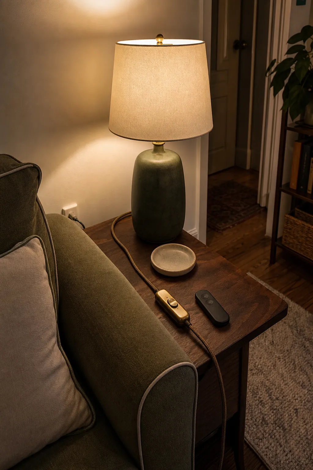 Reachable lamp controls beside a small living room sofa