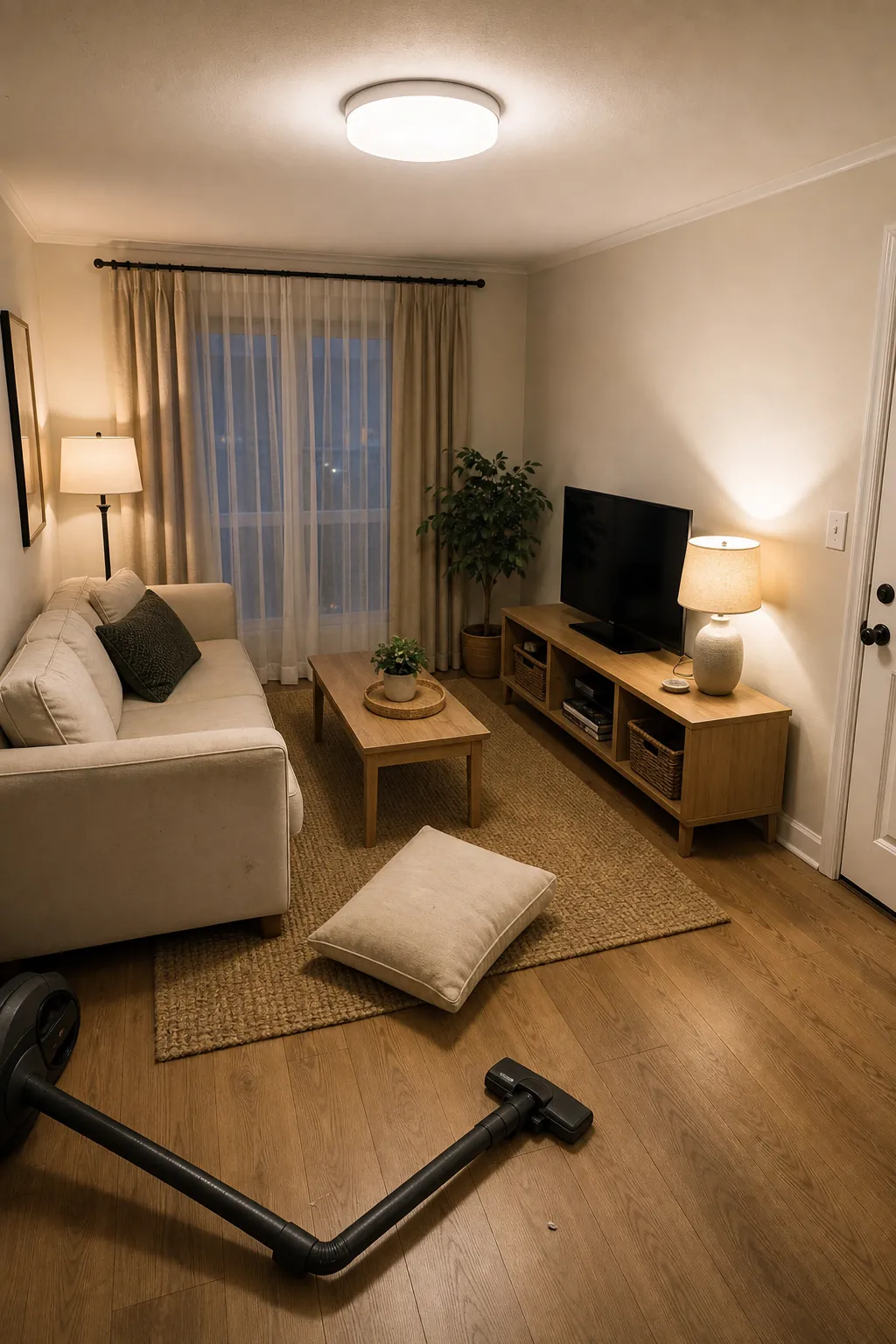 Compact living room in a brighter practical cleaning mode