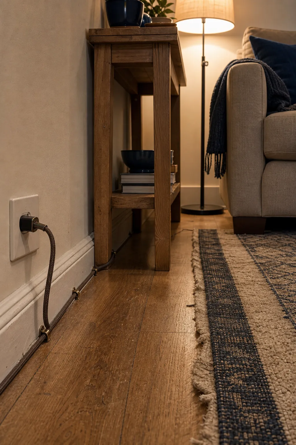 Safely routed lamp cord along a living room baseboard