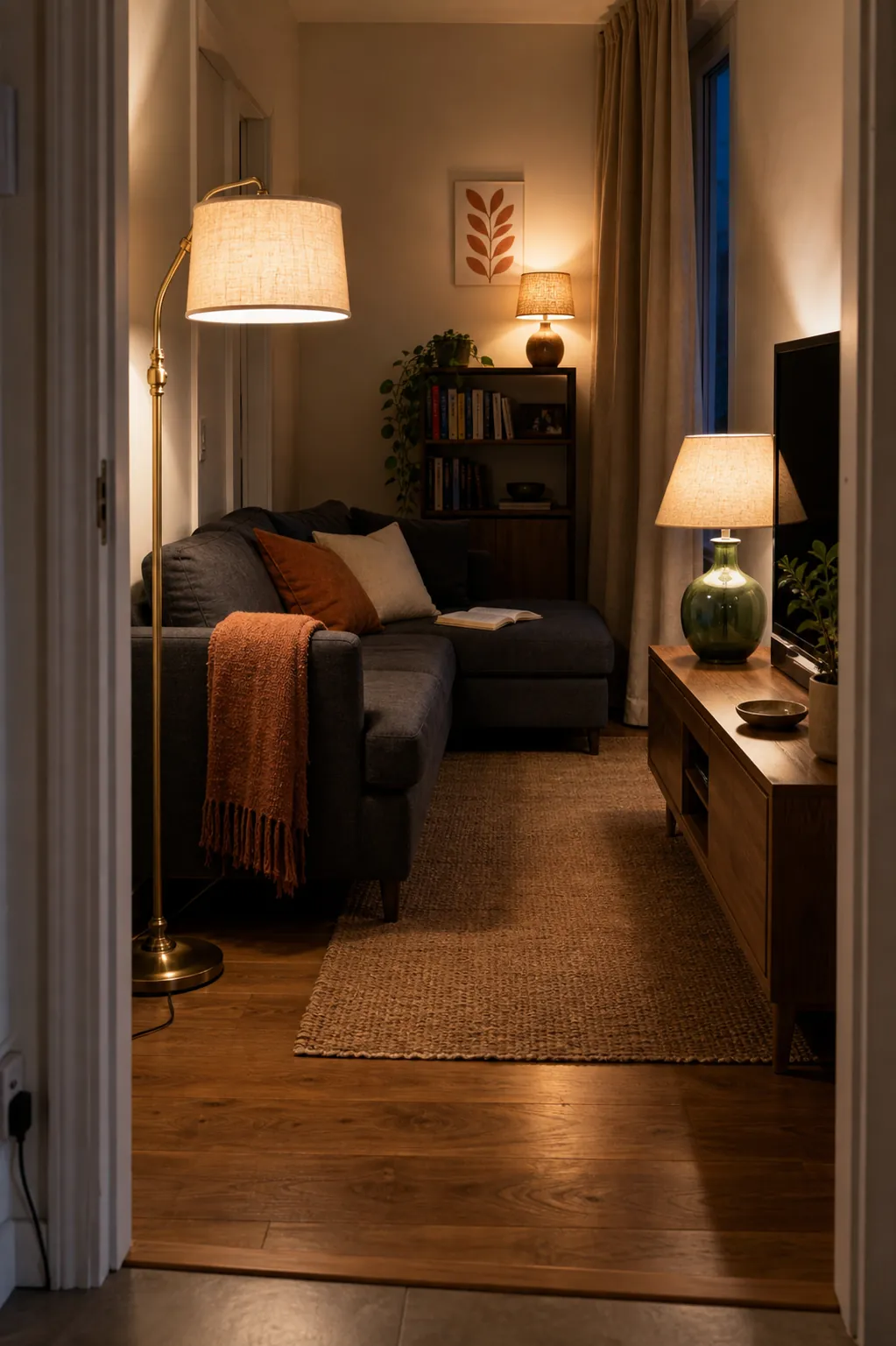 Three lamps forming a balanced evening triangle in a small lounge
