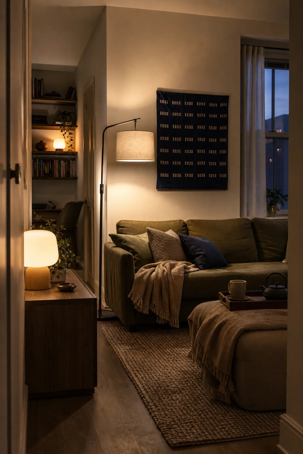Finished small living room with balanced lamps and wall glow