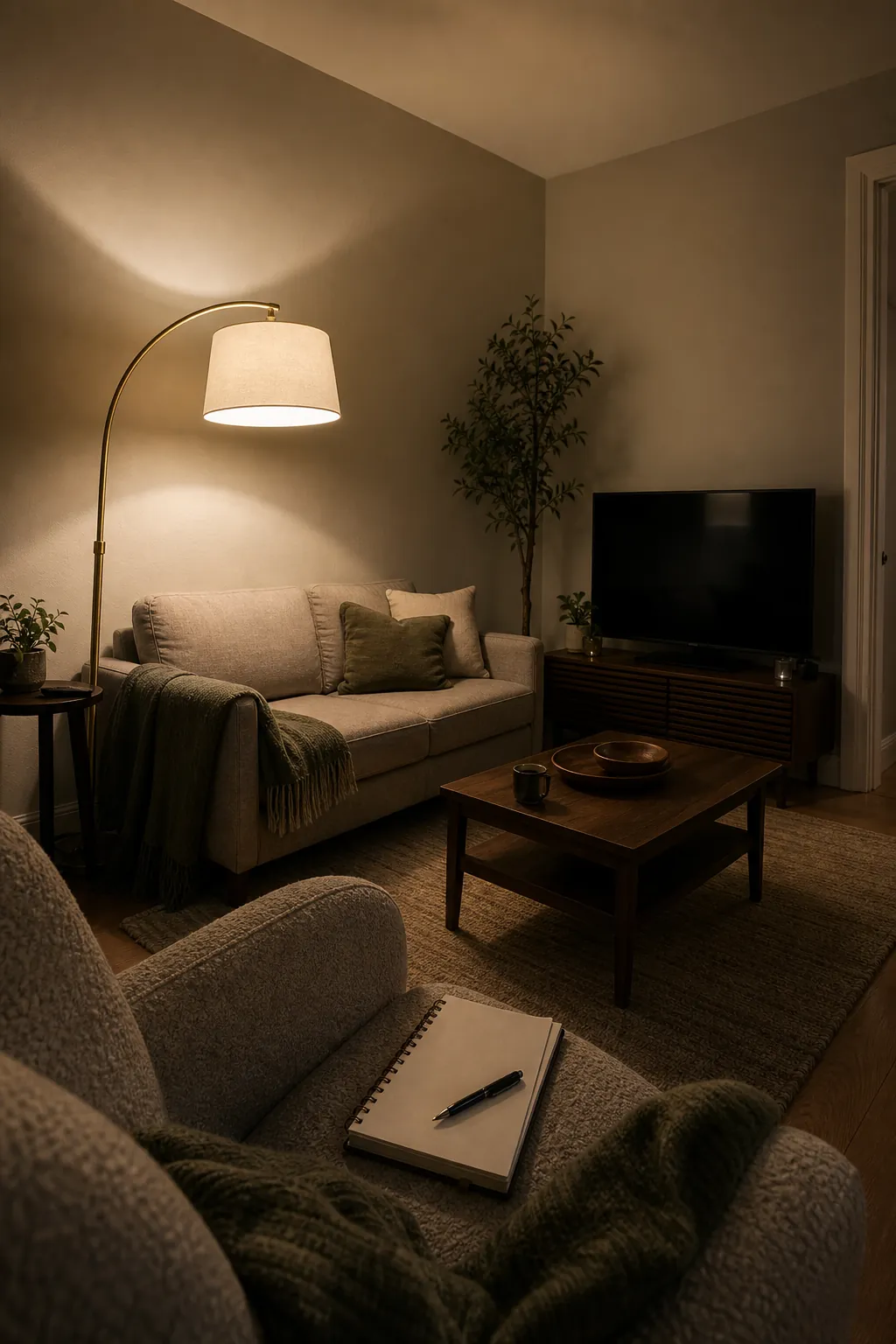 Living room lighting checked from several compact seating positions