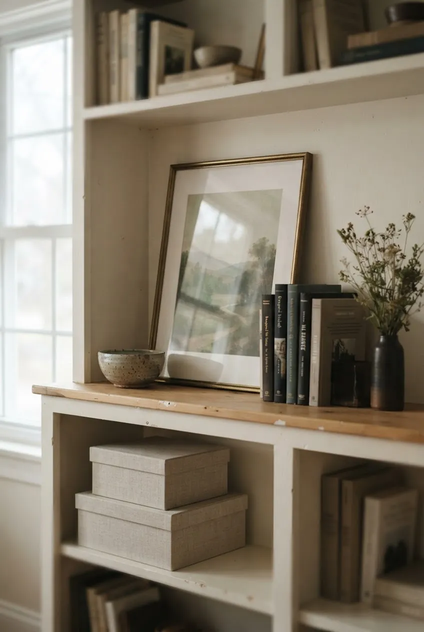 Bookcase styling with layered framed art, books, and quiet natural decor