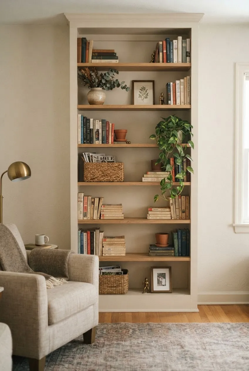 Plain home bookshelf styled with books, natural textures, framed art, and warm decor
