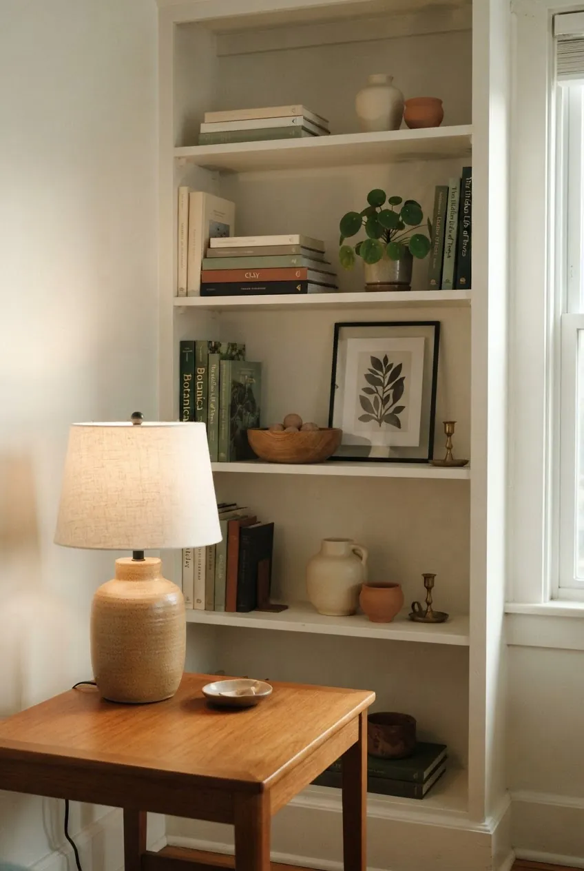 Shelf styling with repeated green, wood, and black accents connecting the room