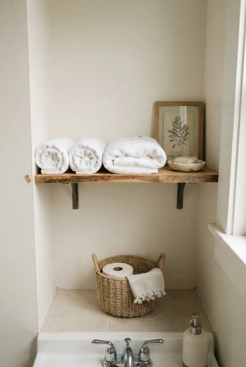 Fresh guest bathroom towels arranged on a small shelf with simple bathroom decor