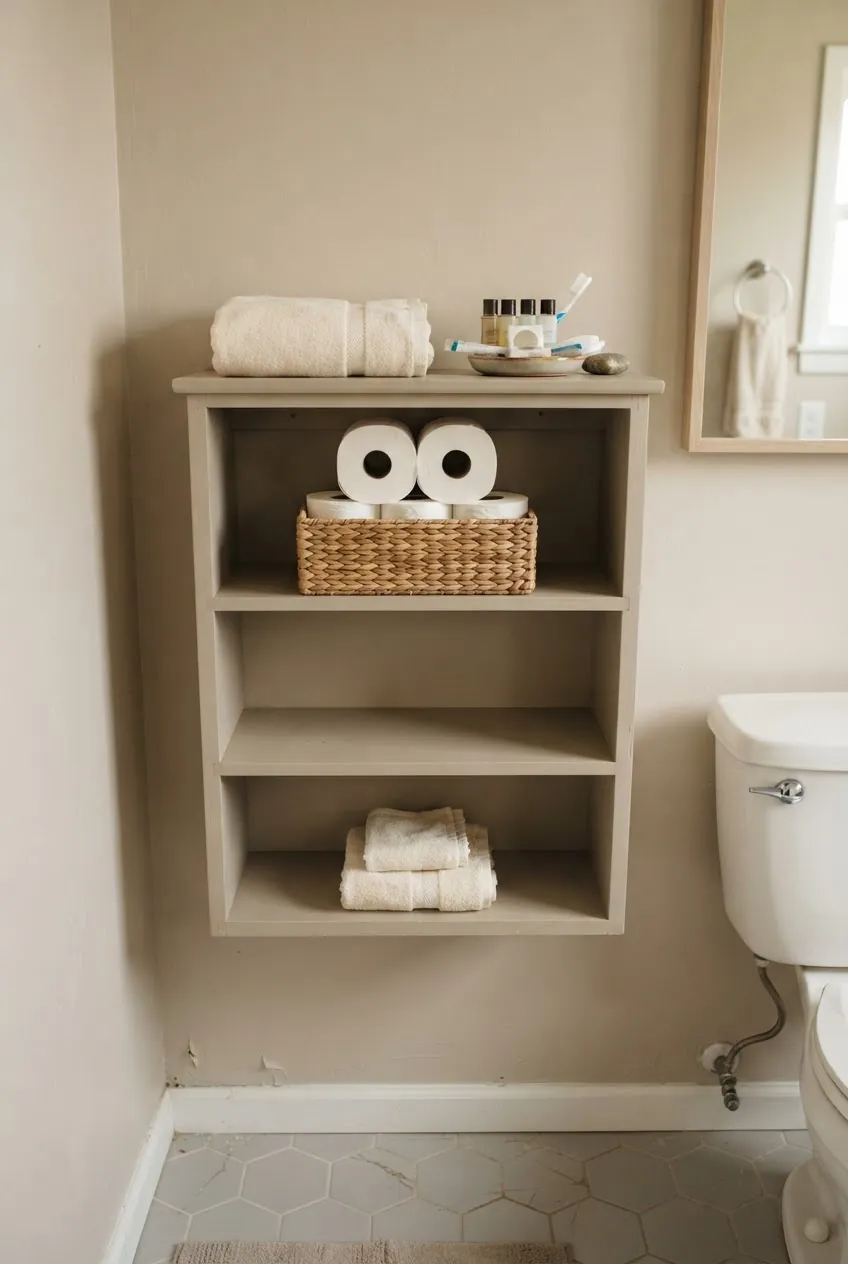 Guest bathroom storage with a woven basket, extra towels, and open shelf for visitor essentials
