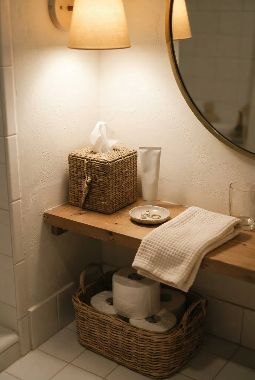 Finished guest bathroom details with warm lighting, tissues, hand cream, and simple supplies