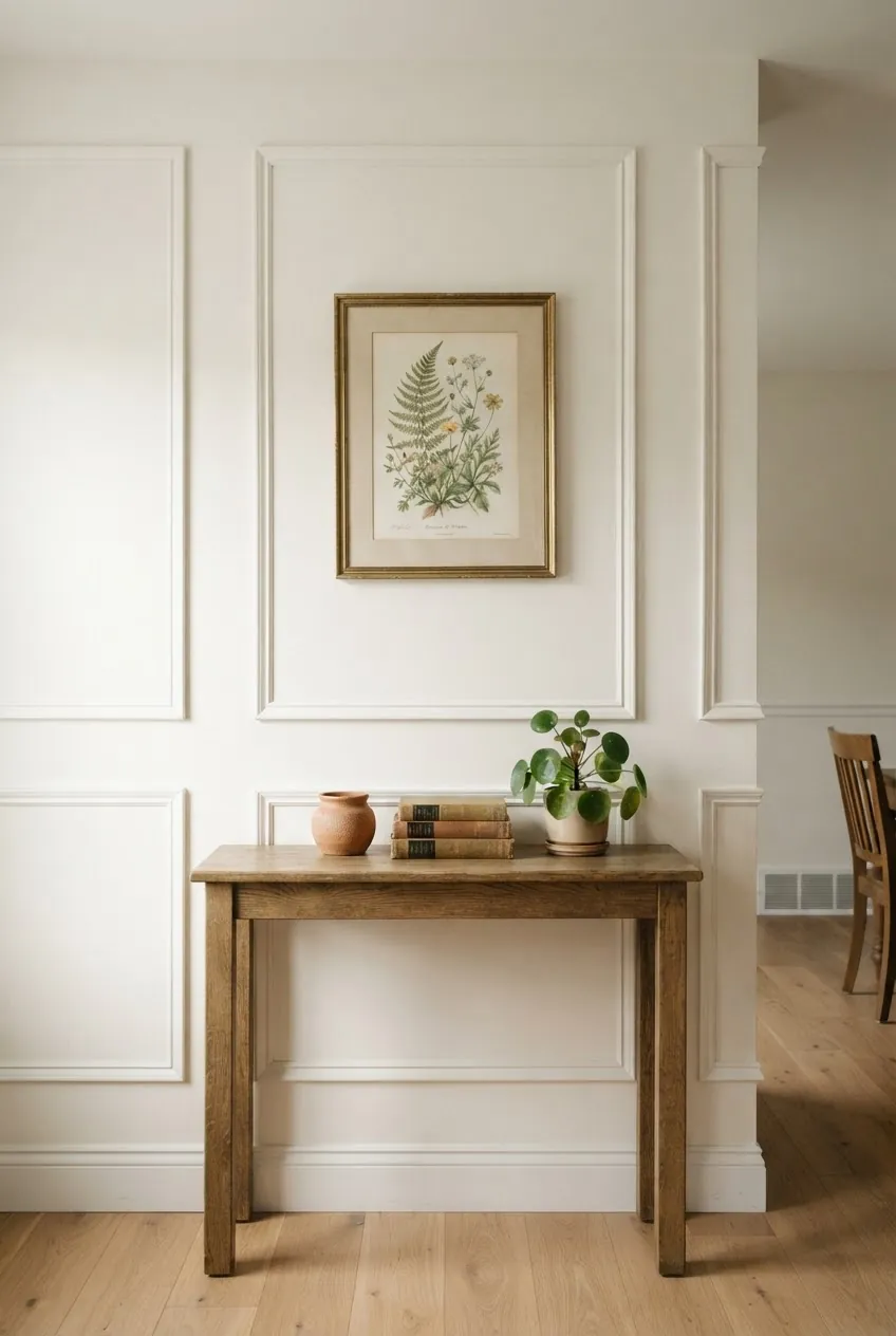 Plain newer house wall updated with picture molding, framed art, and warm vintage decor