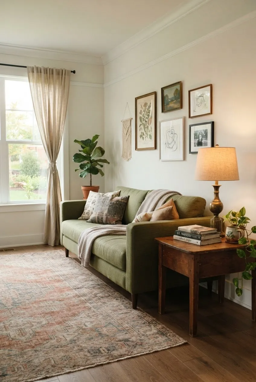 Newer house living room with character home decor, vintage pieces, warm lighting, and natural texture