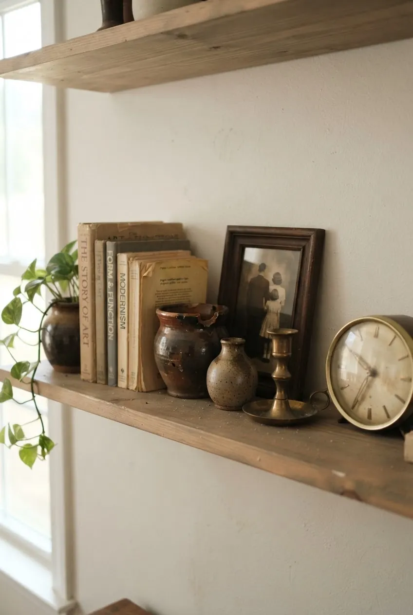 Collected home shelf with vintage decor, old books, pottery, and framed photos