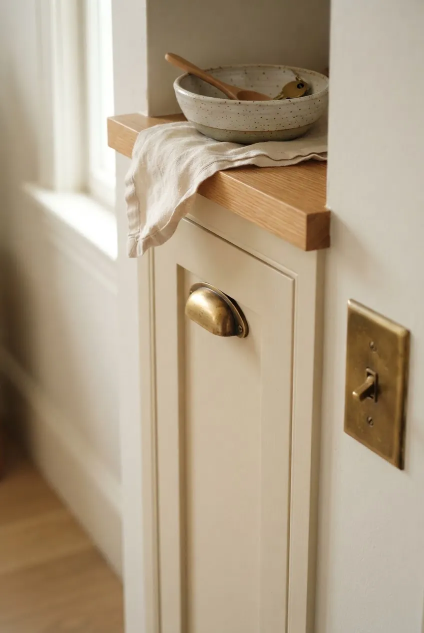 Aged brass cabinet hardware and warm vintage decor detail in a newer home