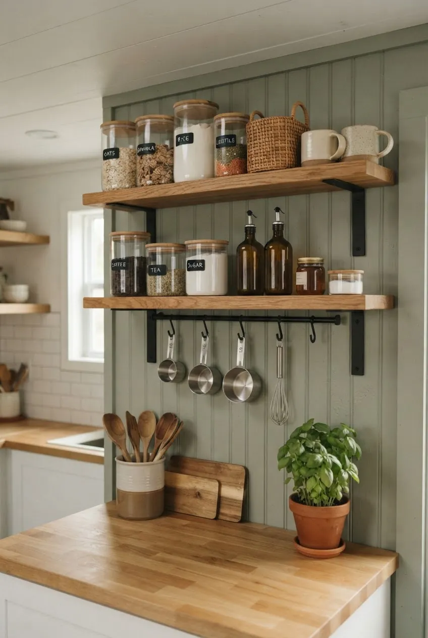 Vertical shelves in a no pantry tiny home kitchen