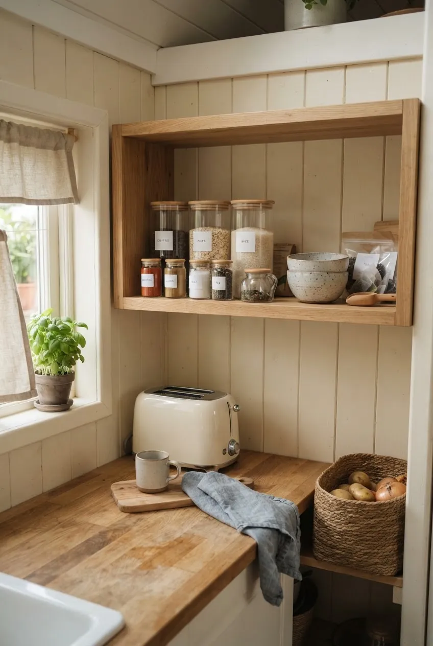 Daily-use open shelf pantry zone